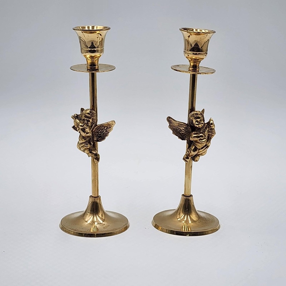 Vintage 80s Brass Cherub Angel Tapered Candlestick Holders Set of 2 Ornate Decor